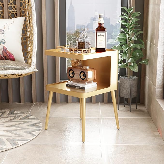 Gold Nightstand with Storage, 2 Tier Small End Tables Bedroom, Modern Side Tables Living Room with 4 Legs, Square Accent Table for Small Spaces Indoor Outdoor, Easy Assembly