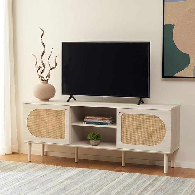 SAFAVIEH Claude TV Stand for up to 65" Flatscreen – Bleached White & Natural Rattan, 2 Sliding Doors with Interior Storage, 2 Open Shelves, Entertainment Media Console (MED9610C)