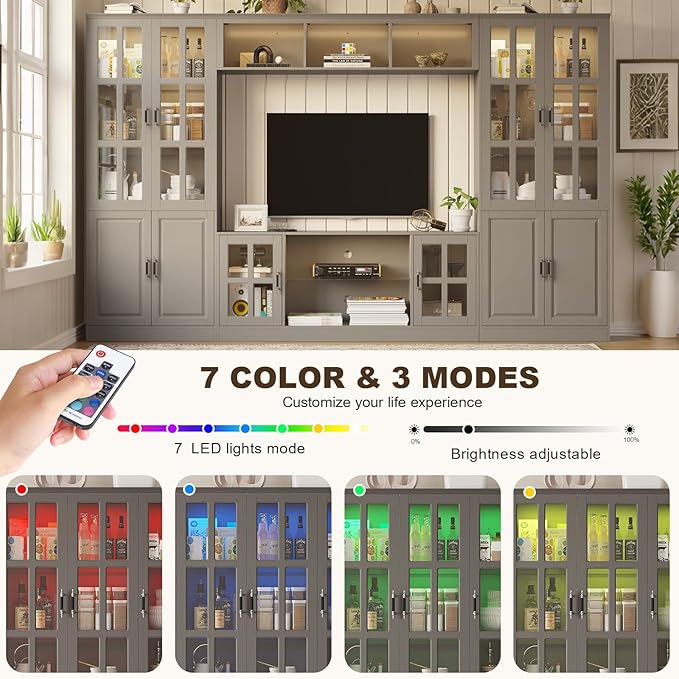 4-Piece Wall Unit TV Stand with Storage & LED Lights for TVs up to 75", Modern Entertainment Center with Bookshelves & 4-Door Pantry Cabinet, Gray