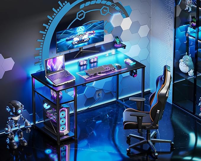 MOTPK 40 Inch Small Gaming Desk with Storage & Led Lights, Computer Desk with Power Outlet & Shelf, Reversible Gamer Desk with Adjustable Monitor Stand, Carbon Fiber Texture Black