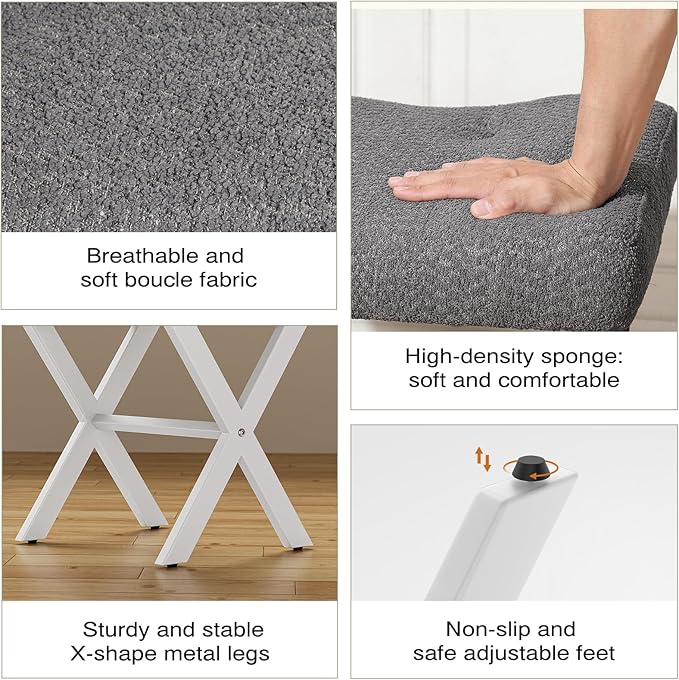 18-Inch Large Vanity Stool Chair, Vanity Bench with Metal X-Legs, Ottoman Foot Stool with Breathable and Soft Boucle Fabric Saddle Seat, Grey