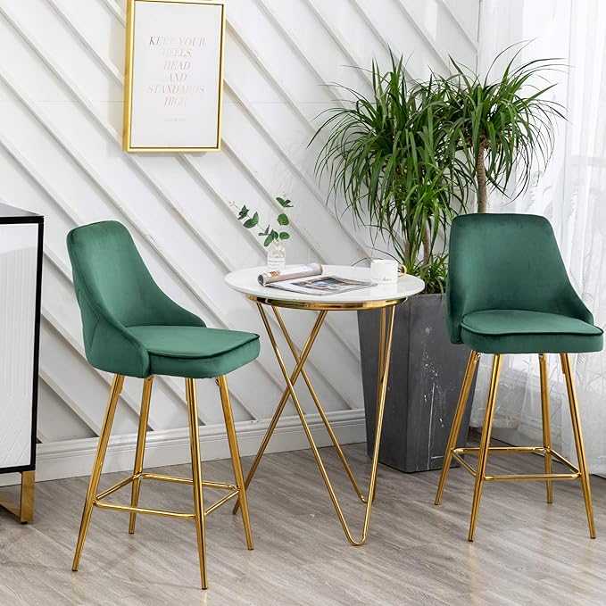 BTEXPERT Set of 2 Pack, upholstered Dining Bar Chairs Footrest High Back Counter Height Barstools Stool, Tufted Green Velvet Gold Frame 25" Modern Kitchen Island
