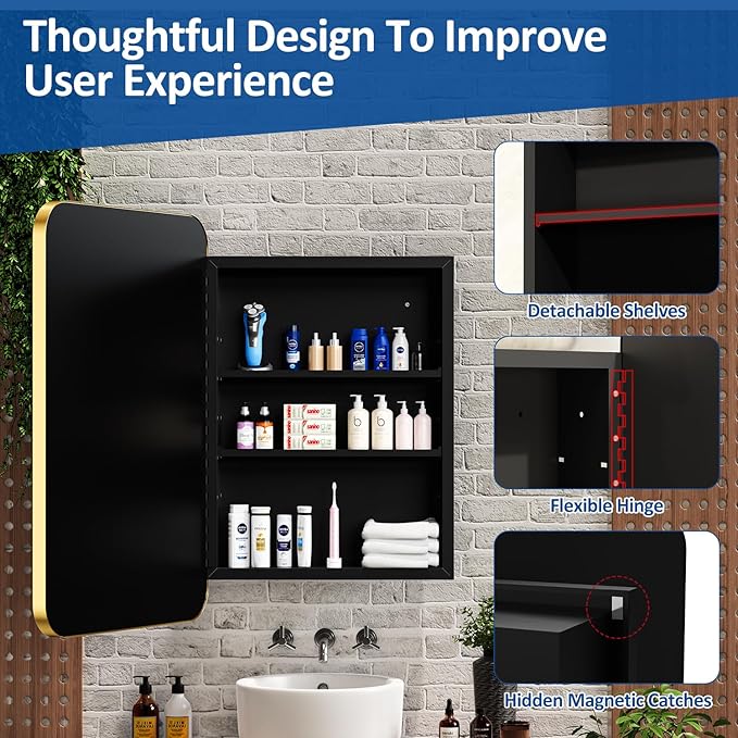 24x30 Inch Bathroom Medicine Cabinet with Mirror Gold Metal Framed Recessed or Surface Wall Mounted Mirrored Medicine Cabinets for Bathroom