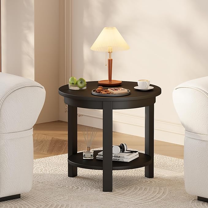 Small Round Wood Coffee Table with Storage Shelf, Living Room Side Table for Couch Sofa, 22 x 20 Inches, 3-Tier Mid Century Modern Wooden End Table for Bedroom, Black