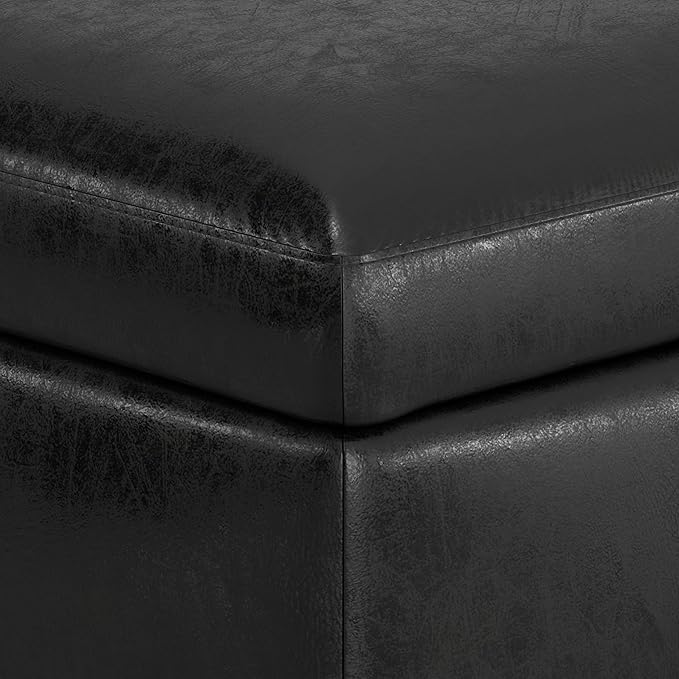 SIMPLIHOME Owen 36 inch Wide Mid Century Modern Small Rectangular Storage Ottoman in Distressed Black Vegan Faux Leather, Assembled, For the Living Room, Entryway and Family Room