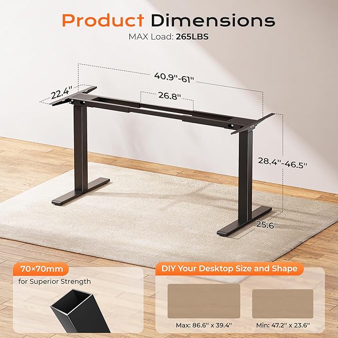 Huuger Electric Standing Desk Frame with Dual Motor, Sit Stand up Desk Leg for 47.2” to 86.6” Desktop, Computer Desk Leg with Cable Tray, 3 Memory Height Presets, 2 Hooks, Black Frame Only