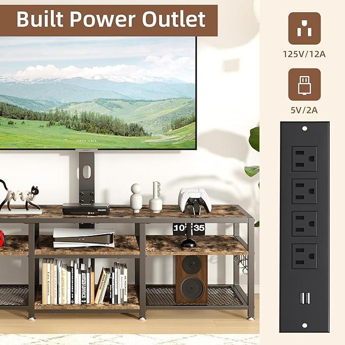 VECELO 63" TV Stand with Mount and Power Outlets, Entertainment Center Console with Open Storage Shelves, Height Adjustable Mount up to 75”, Wooden Table and Metal Frame for Living Room, Rustic Brown