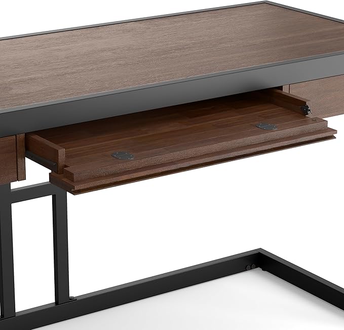 SIMPLIHOME Erina Desk - 60-Inch Wide Solid Acacia Wood and Metal Writing Desk in Distressed Charcoal Brown, Modern Industrial Home Office Computer Table for Study with 2 Drawers and Keyboard Tray