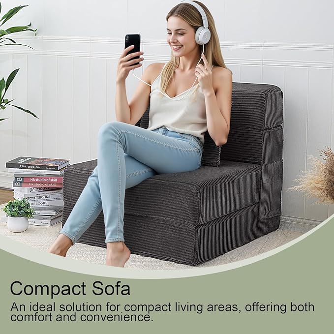 MeMoreCool Boneless Folding Sofa Bed Single, Corduroy Convertible Sleeper Chair, Foldable Foam Mattress Chair, Comfy Fold‑Out Futon Couch Bed, Small Floor Sofa Couch for Living‑Room Guest