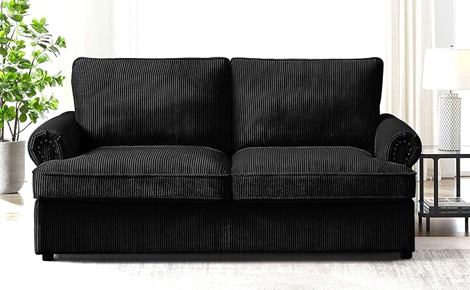 Reversible Sleeper Sofa Bed with Comfortable Memory Foam Mattress, Convertible Corduroy Full Size Pull Out Couch for Living Room, Space Saving Furniture, 72" Wide, Rounded Arms, Black