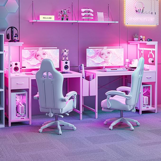 Gaming Desk 47 Inch with Power Outlet and LED Light, Computer Desk with Reversible Shelves and Storage Drawer, Pc Small Workstation for Home Office Table with Bag, Carbon Fiber Pink