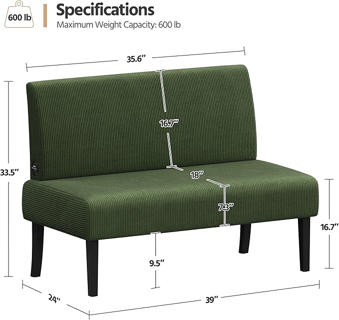 Yaheetech Small Mini Sofa Couch Armless Loveseat Futon for Bedroom, Corduroy Fabric & Easy Assembly, for Small Spaces Living Room,Dorm,Office,Apartment, Green