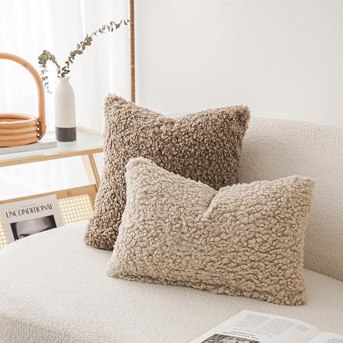 Foindtower Set of 2 Curly Teddy Wool Pillow Covers Decorative Boucle Textured Lumbar Throw Pillow Faux Fur Pillowcases Sheepskin Cushion Case for Sofa Bedroom Car 12"x20" Light Khaki