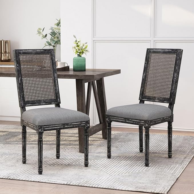 Merax Upholstered Solid Wood Dining Chairs Set of 2, French Country Style Accent Side Seating Furniture for Kitchen, Living Room, Wicker Back, Grey