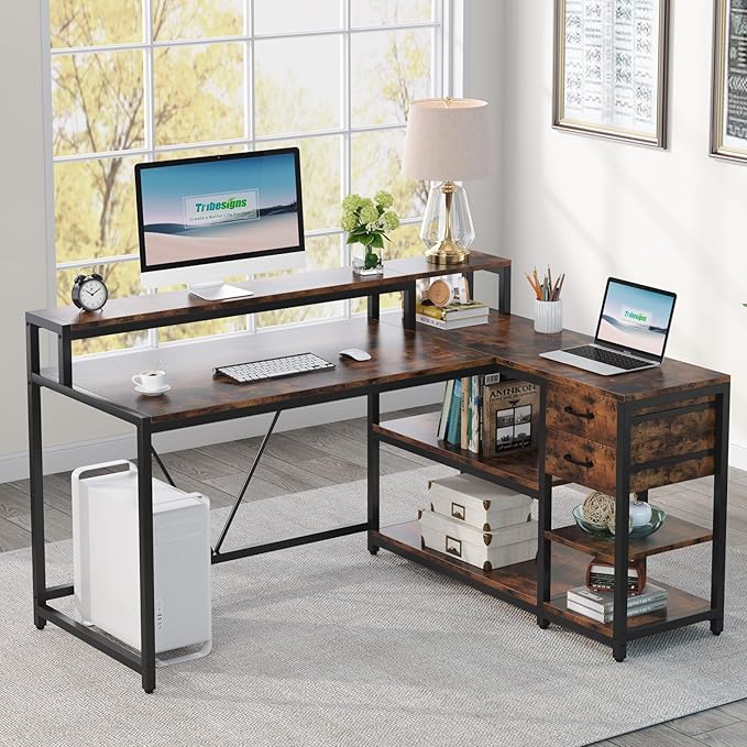 Tribesigns Reversible L Shaped Desk with Drawer, Brown Corner Desk with Storage Shelves and Monitor Stand, Writing Table for for Small Space (Rustic)