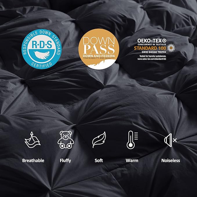 Luxurious Goose Down Feather Fiber Comforter Duvet Insert, Exquisite Pinch Pleat Black Design, Oversize Palatial King 120 x 98, Premium Baffle Box 100% Egyptian Cotton, 90 oz Fill Weight