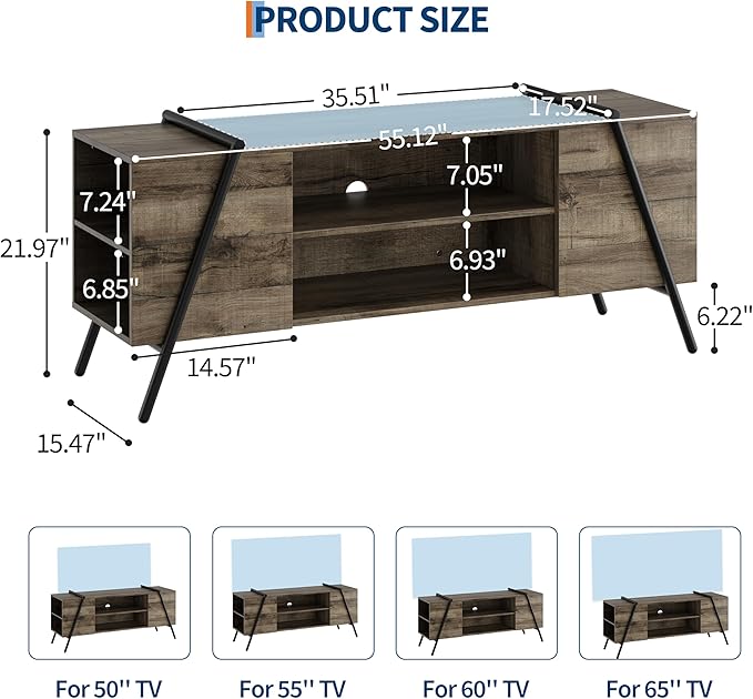 Garvee 55 Inch TV Stand with Slanted Metal Legs, Industrial Media Console with Adjustable Open Shelves, Wooden Entertainment Center Television Stand for Living Room, Bedroom, Oak