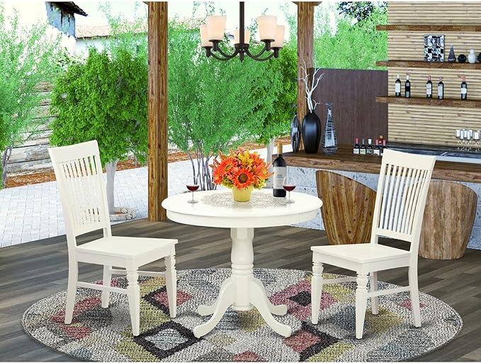 East West Furniture ANWE3-LWH-W 3 Piece Kitchen Table Set for Small Spaces Contains a Round Dining Room Table with Pedestal and 2 Dining Chairs, 36x36 Inch, Linen White