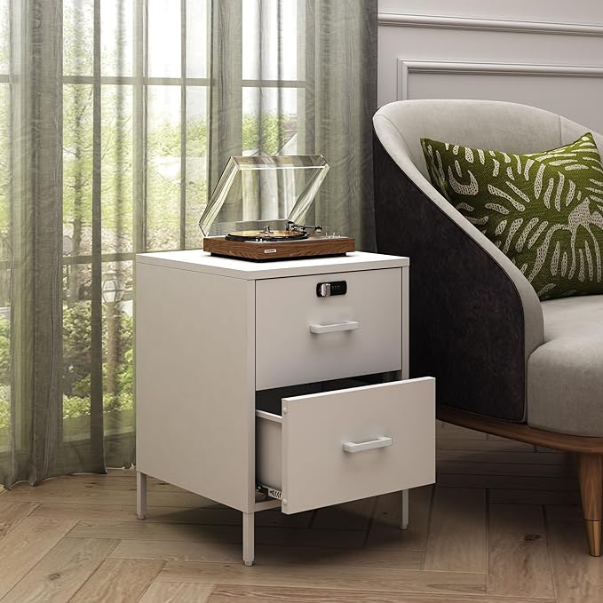 Nightstand,2 Drawer Metal Locker End Table Lockable Bedside Table Storage Cabinet for Bedroom, Dorm, 21.26”H X 15.75”W X 15.75”D (2 Drawer, White)
