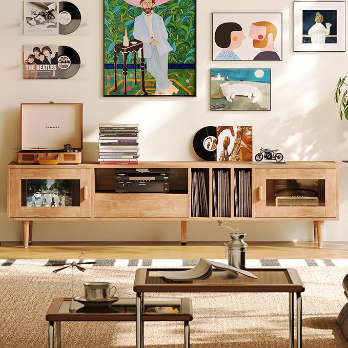 LINSY 70" TV Stand for TVs up to 80 Inch, Mid Century Modern Entertainment Center with Storage Drawer and Open Shelves, TV Console with Glass Door Cabinets for Living Room, Bedroom, Rustic Brown
