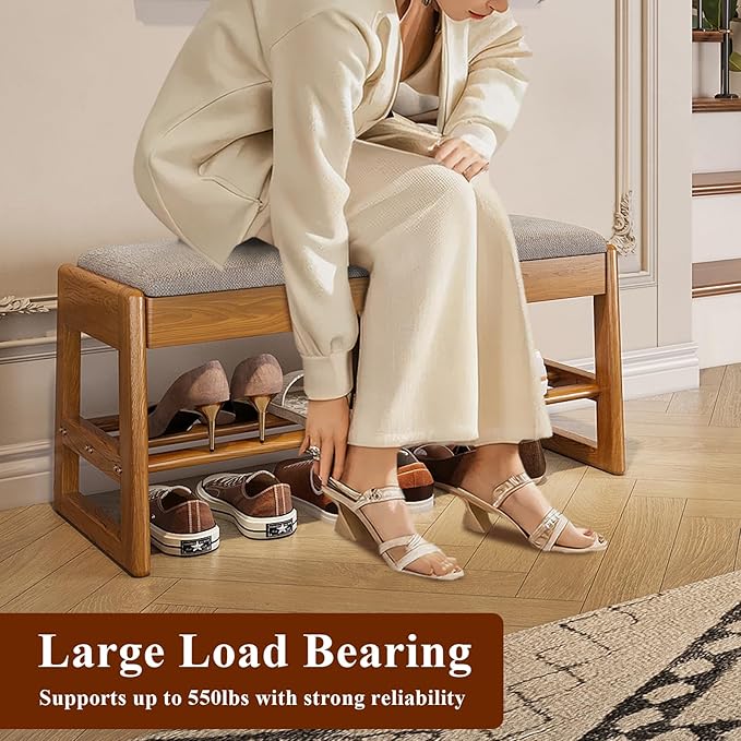 Shoe Rack Bench with Cotton-Linen Cushion 2-Tier Wooden Storage Bench 550lbs Compact Simple & Modern Design for Entryway, Hallway, Bedroom, Living Room, Closet, Front Door Entrance, Foyer