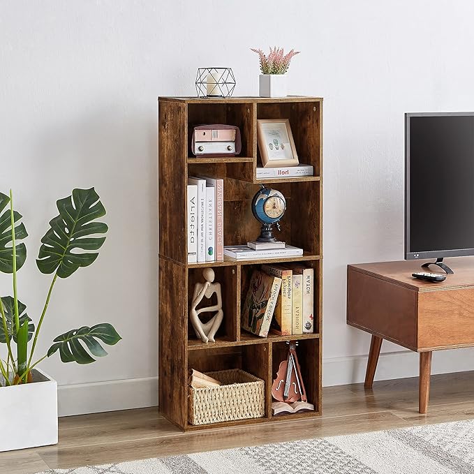 VECELO 42 Inch High Bookcase, 4-Tier Modern Storage Cabinet with Height Difference Shelves for Standard Textbooks, Floor Standing, 7 Cubes, Horizontal Available, Easy Assembly, Rustic Brown