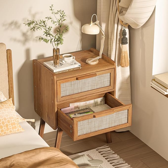 Lerliuo Rattan Nightstand, Boho Night Stand with 2 Drawers, Cane Accent Side End Table, Bedside Table with Solid Wood Legs for Bedroom, Dorm and Small Spaces (Tea Brown)