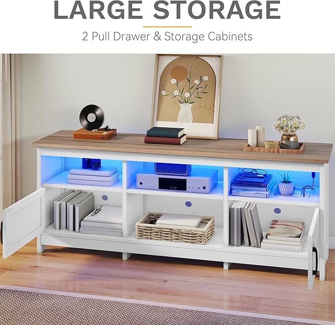 DWVO TV Stand for up to 65 Inch TV, Entertainment Center with Storage, TV Cabinet with Power Outlet & LED Light Strip, Media Console Television Stands for Living Room, White & Walnut