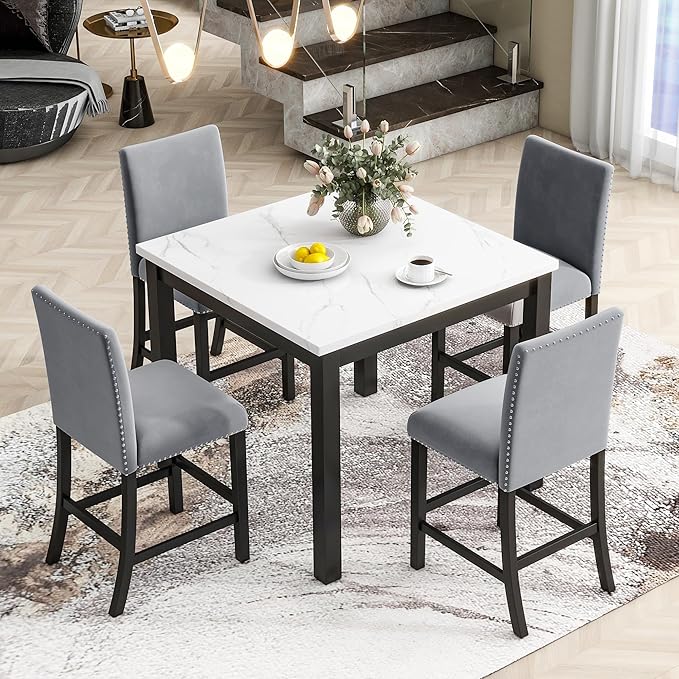 Ball & Cast 5 Piece Dining Table Set with 4 Velvet-Upholstered Chairs,Living Room Furniture W/ 35" Rectangle Faux Marble Top Table,for Restaurant,Home Bistro,Grey