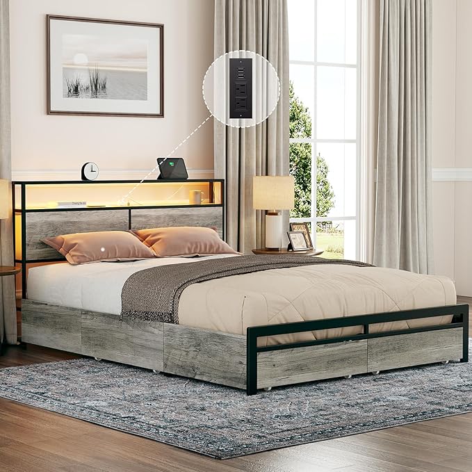 Queen Size Bed Frame with Storage Headboard and 4 Drawers LED Lighting Sturdy Metal Slat Support Non-Slip Noise-Free Platform No Box Spring Needed Greige