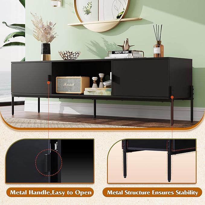 WLIVE Modern TV Stand for 65 Inch TV, Mid Century Entainment Center with Storage, TV Console with Open Shelf and 2 Cabinets for Bedroom and Living Room, TV Cabinet with Metal Legs, Black