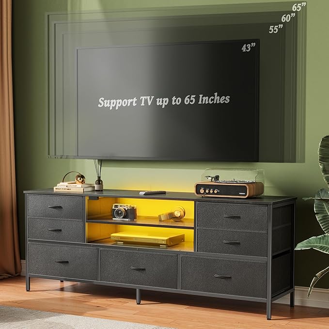 Huuger Dresser for Bedroom With Power Outlets and LED Lights, 7 Drawers TV Stand for 60 Inch TV, Console With Open Shelf, 55 Inches Wide Black, PU Leather
