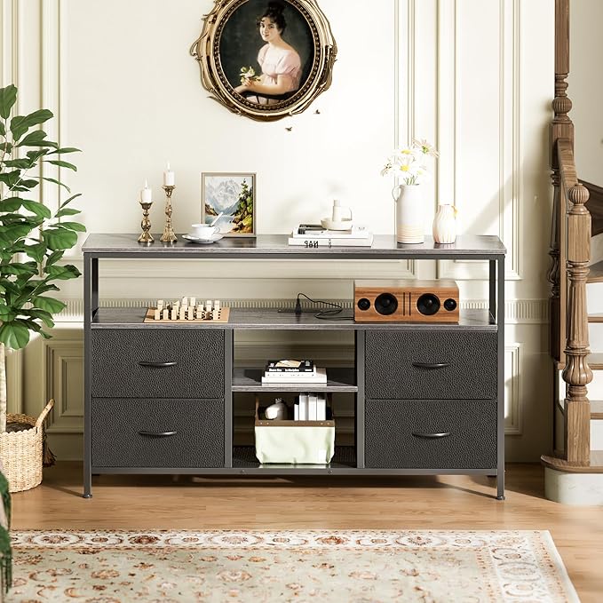 Huuger 47 Inch TV Stand Dresser with Power Outlets and LED Lights, 4 Drawers Entertainment Center with Open Shelf, Media Console for 55 50 Inch TV, Dresser with PU Finish, Grey and Black