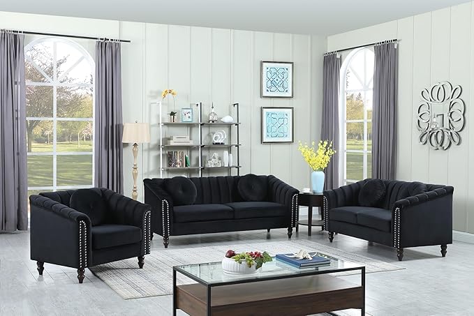 Sectional Sofa Set, Microfiber Chesterfield Upholstered Sofas Loveseat Couch Chair Sets with Style Button Tufted, Scroll Arms and Nailhead for Living Room, Office, Apartment-Black,3PCS