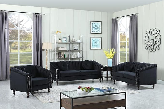 Sectional Sofa Set, Microfiber Chesterfield Upholstered Sofas Loveseat Couch Chair Sets with Style Button Tufted, Scroll Arms and Nailhead for Living Room, Office, Apartment-Black,3PCS