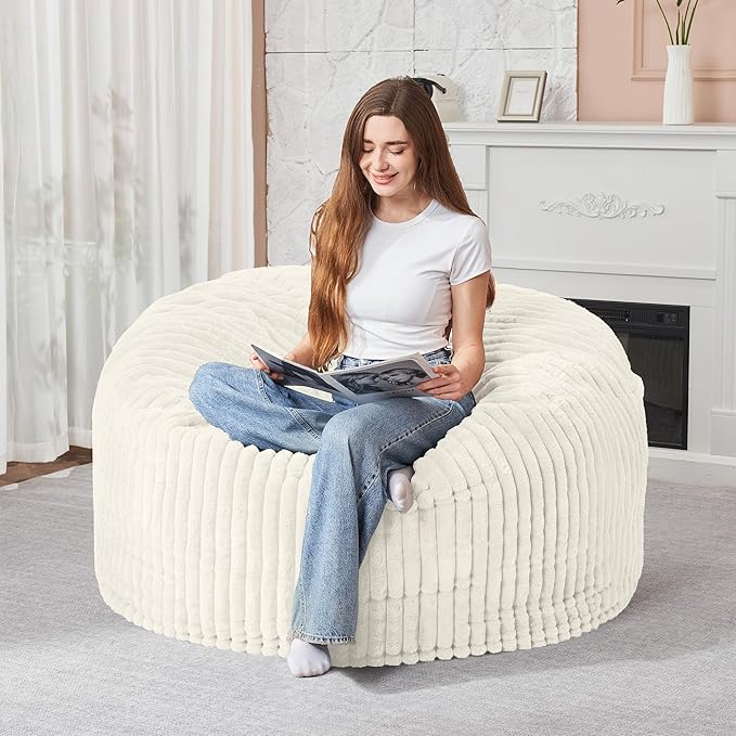 HABUTWAY 3FT Bean Bag Chair, 3' Large Bean Bag Chairs for Adults with Removable Stripe Plush Cover, Memory Foam Beanbag Chair for Living Room Bedroom Dorm (White)