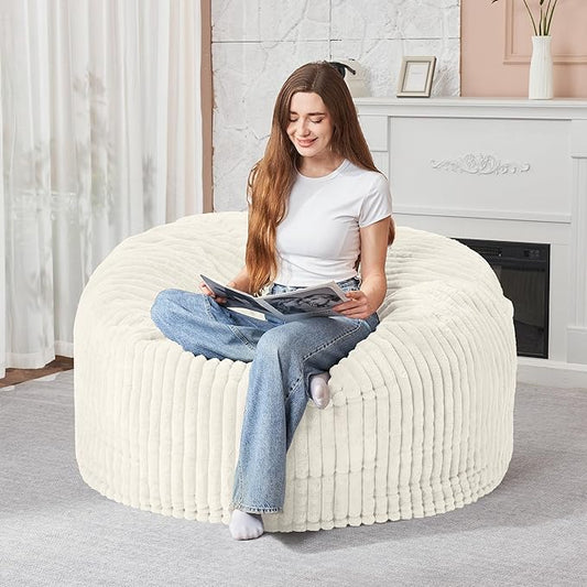 HABUTWAY 3FT Bean Bag Chair, 3' Large Bean Bag Chairs for Adults with Removable Stripe Plush Cover, Memory Foam Beanbag Chair for Living Room Bedroom Dorm (White)