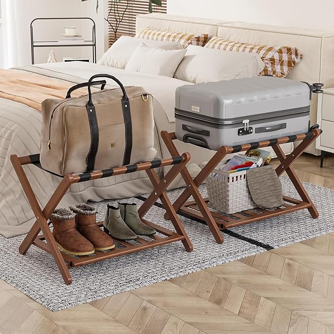 Fully Assembled Walnut Luggage Racks Set of 2, 5 Nylon Straps Folding Suitcase Stand, Bamboo Luggage Stands with Storage Shelf, Ideal for Guest Room, Bedroom, Hotel