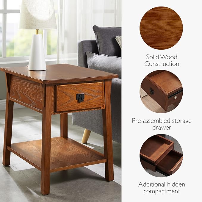 Leick Home Mission End Table, Solid Wood, 1 Storage Drawer, Secret Compartment, Bottom Display Shelf, Easy-Assembly, For Living Room/Bedroom, Russet, 24 in L x 20 in W x 24 in H, 9066-SC