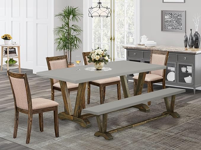 East West Furniture V797MZ716-6 6 Piece Kitchen Table Set Contains a Rectangle Dining Table with V-Legs and 4 Dark Khaki Linen Fabric Parson Chairs with a Bench, 40x72 Inch, Multi-Color