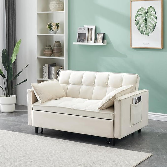 Ball & Cast Convertible Sofa Bed,Loveseat Sleeper Sofa W/Pull-Out Bed&2 Pillows,Convertible Pull Out Couch W/Adjustable Backrest&Side Pocket,Velvet Futon Couches for Living Room,Apartment,Beige,55"
