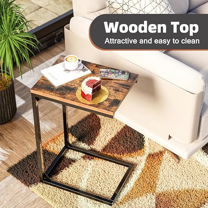Simple Trending C Shaped End Table, Side Table for Couch, Small Sofa Table TV Tray with Metal Frame for Living Room, Bedroom, Rustic Brown