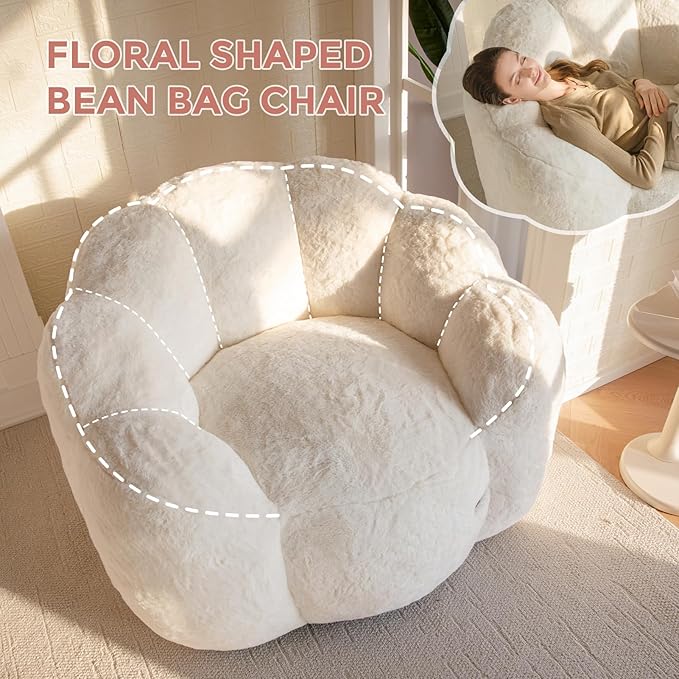 MAXYOYO Bean Bag Chair for Adults, Floral Shaped Bean Bag Sofa, Ultra Soft Faux Fur Floor Sofa, Large Reading Chair for Living Room Bedroom, Beige, Single