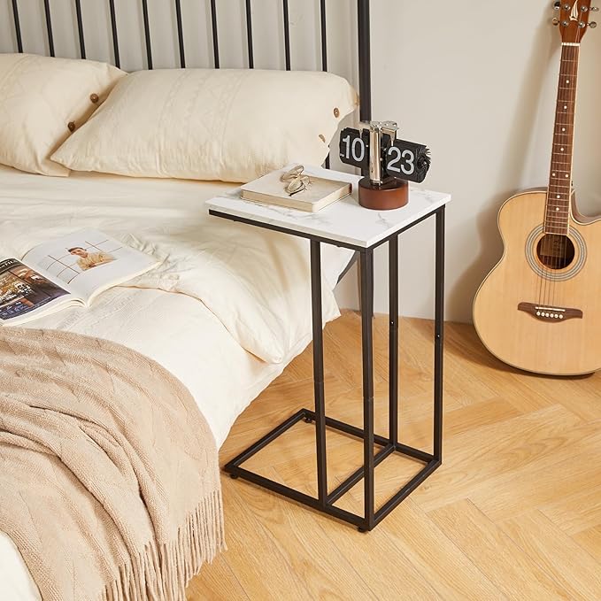 Side Table Small End Table C Shaped, Slide Under Laptop Desk for Couch, Living Room Side Table, TV Trays for Eating on Couch, Faux Marble+Black YD-TM051B