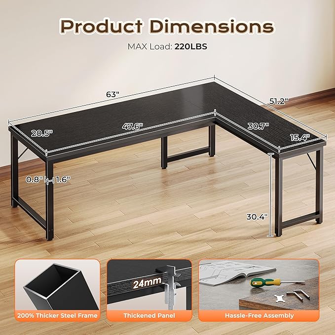Huuger 63 Inch L Shaped Desk with 0.95 Inch Thicker Desktop, Reversible Computer, Larger Corner Office Gaming Desk, Robust Metal Frame, for Home Office, Study, Black
