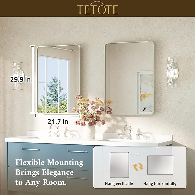 TETOTE Brushed Nickel Mirror 22 x 30 Brushed Nickel Metal Framed Bathroom Mirror, Tempered Glass, Modern Farmhouse Wall Mounted Mirror for Decorative(Horizontal/Vertical)