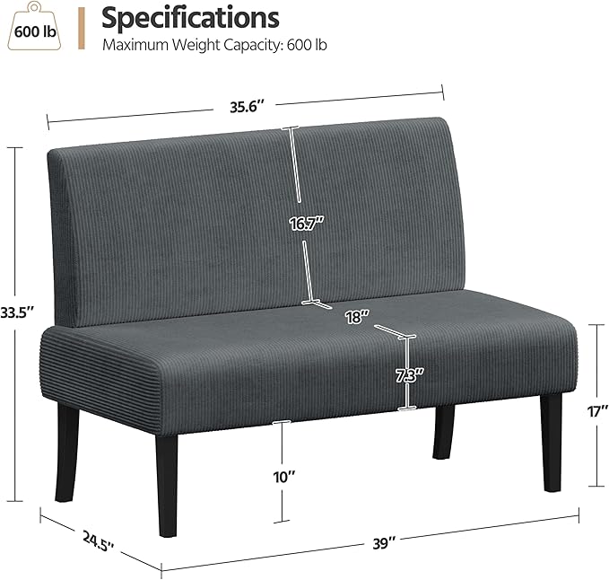 Yaheetech Small Mini Sofa Couch Armless Loveseat Futon for Bedroom, Corduroy Fabric & Easy Assembly, for Small Spaces Living Room,Dorm,Office,Apartment, Dark Grey