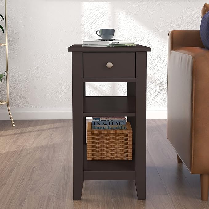 ChooChoo Side Table Living Room, Narrow End Table with Drawer and Shelf, 3-Tier Sofa End Table for Small Space, Espresso