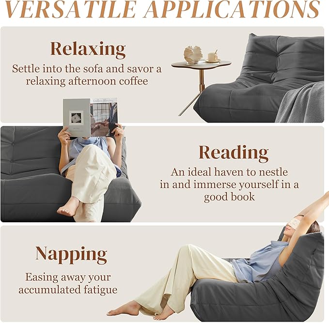 Bean Bag Chair, Large Fireside Chair Bean Bag Sofa for Adults, 3 Seater Bean Bag Chairs for Teens with High-Resilience Foam, Memory Foam Bean Bag for Living Room, Bedroom, Office (Suede, Dark Gray)