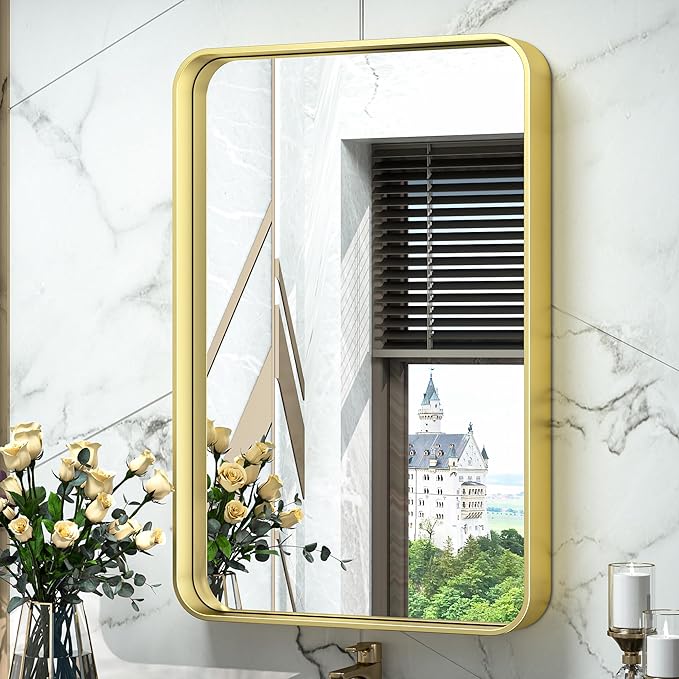 TokeShimi 16x24 Gold Bathroom Wall Mirror Vanity Metal Frame Round Corner Rectangular for Home Decor Living Room Entryway (Horizontal/Vertical)